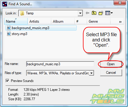 Select audio file and click Open