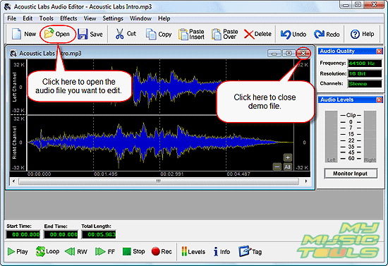 Close demo file and open your own MP3