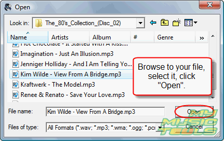 Browse to your MP3, select it and click Open