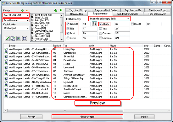 Extract WMA Tags from filenames