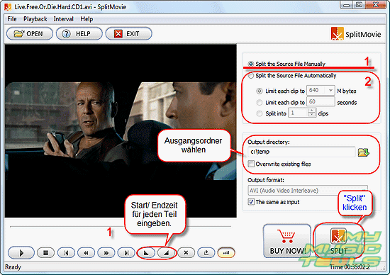 Geben Sie Start- und Endpunkte fr jeden Teil an, klicken Sie SPLIT
