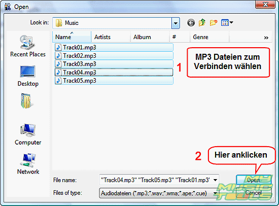MP3 Dateien zum Verbinden ffnen