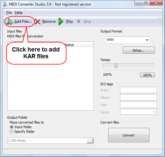 Select KAR files that you want to convert to MP3
