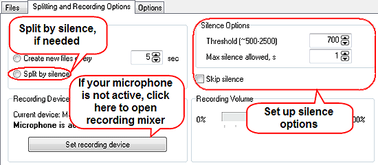 File splitting and silence detection options