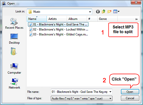 Open MP3 file to split