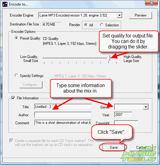 Set quality and ID3 tags, click Save, wait for the program to finish