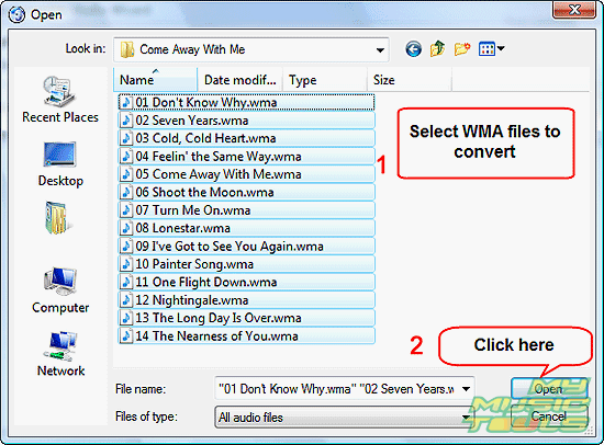Select WMA files to convert