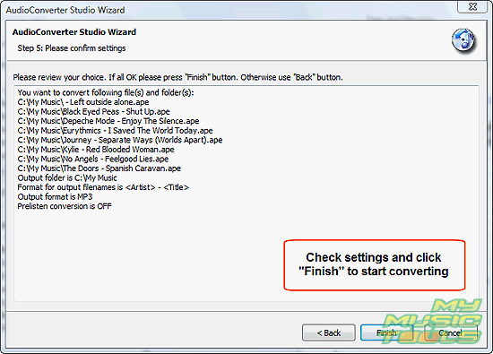 Check settings and click Finish to convert your APE to MP3