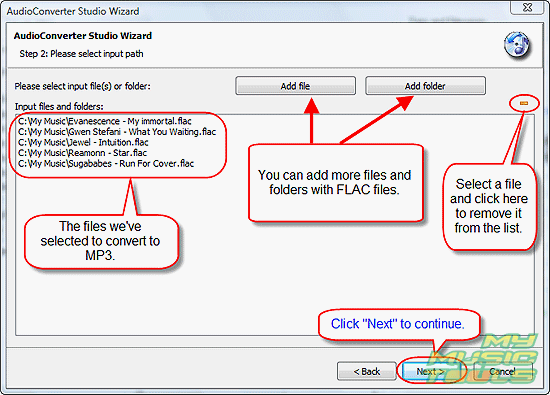 Add more FLAC files or remove them from the list, then click Next