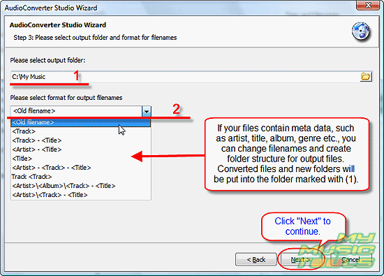 Select folder for output MP3 files, choose filename format