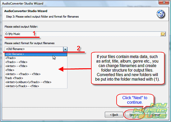 Set output folder and filename format for output files