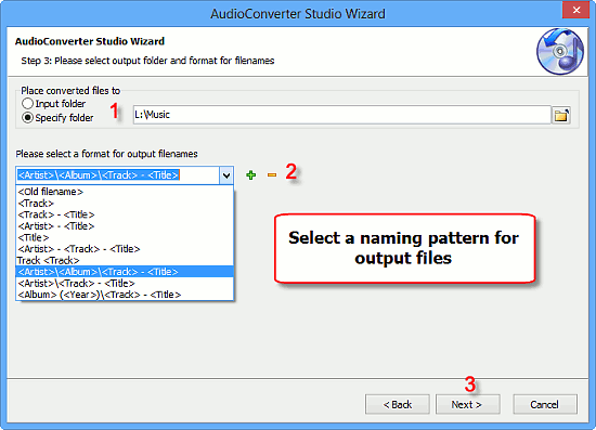 Select output folder and filename pattern