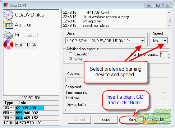 Insert blank CD and click Burn