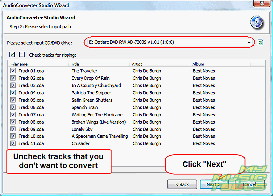 Select tracks to rip and continue