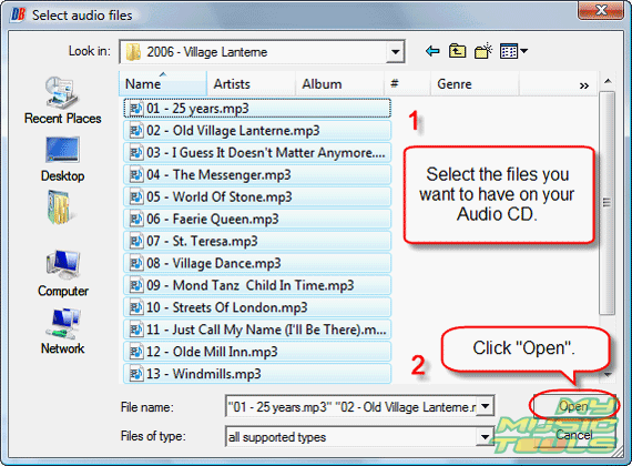 Select MP3 files to burn to Audio CD