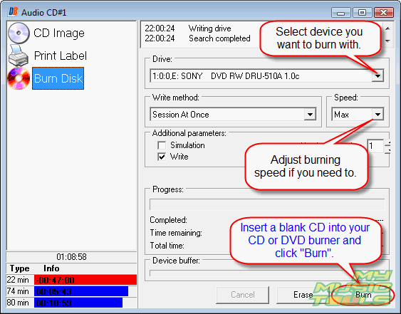 Insert blank CD and click Burn