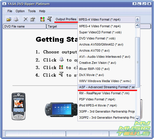 Choose ASF as output profile