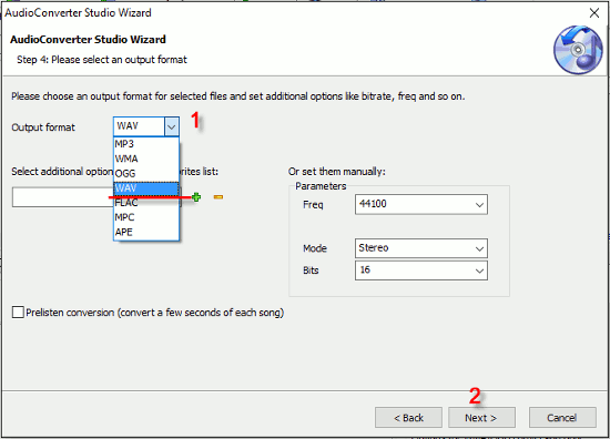 Set WAV as output format