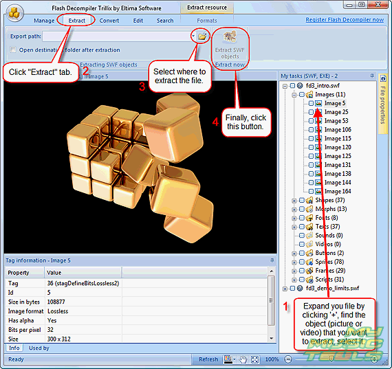 Select elements of the flash file and choose where to extract them