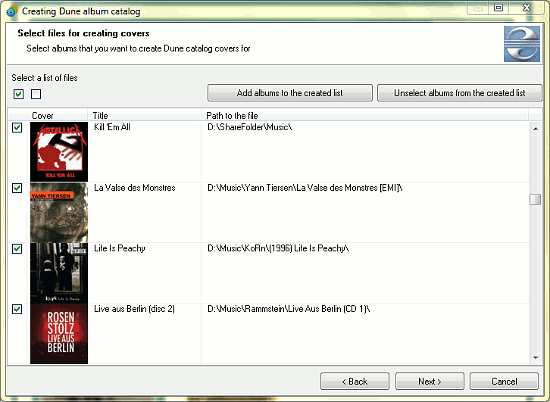Choose albums to include into the Dune catalog