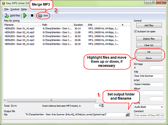 Merge MP3 files by clicking the Join button on the toolbar