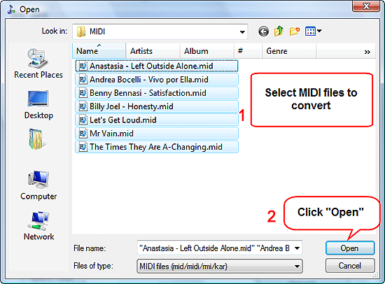 Open MIDI and KAR files