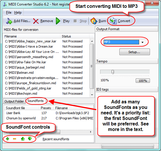 Convert MIDI to MP3 with Soundfonts