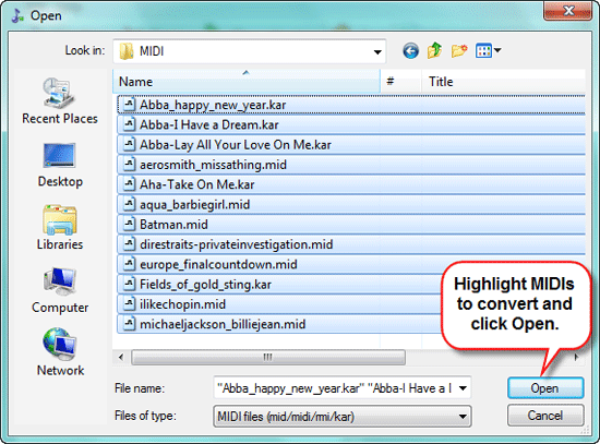 Open MIDI or KAR files
