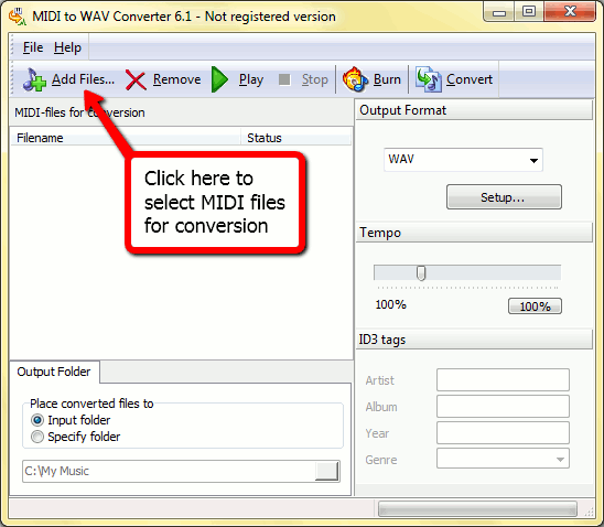 Add files to MIDI to WAV Converter