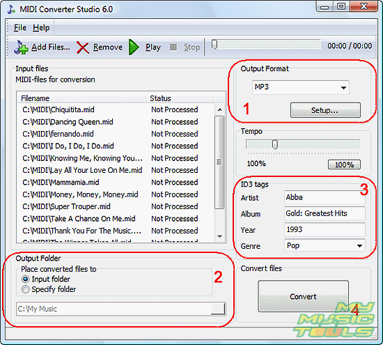 Fill out ID3 tags and convert MIDI to MP3