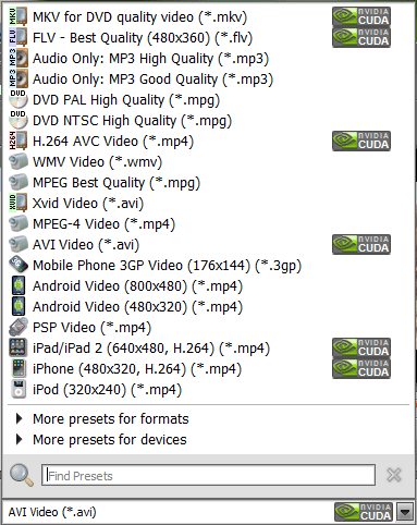 Choose the AVI video preset
