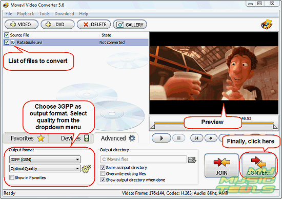 Set output format and folder, convert your AVI to 3GP