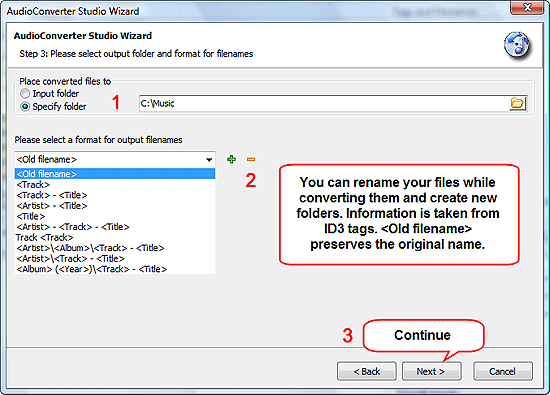 Select output folder and filename format for converted files