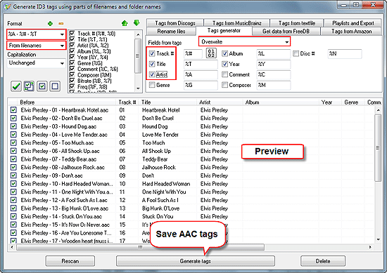 Extract AAC tags from filenames