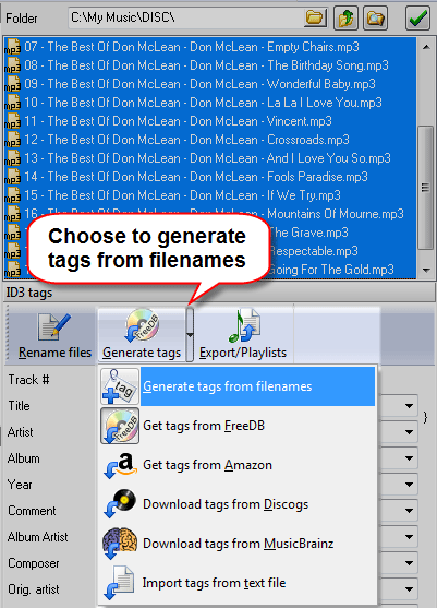 Select files and click Generate tags