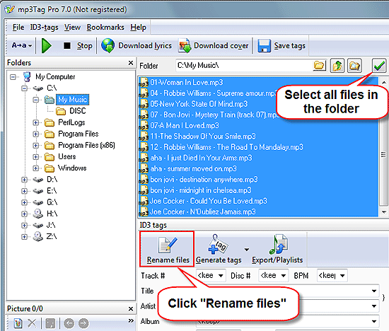 Select files and click rename