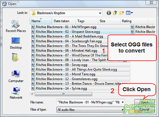 Choose OGG files to convert