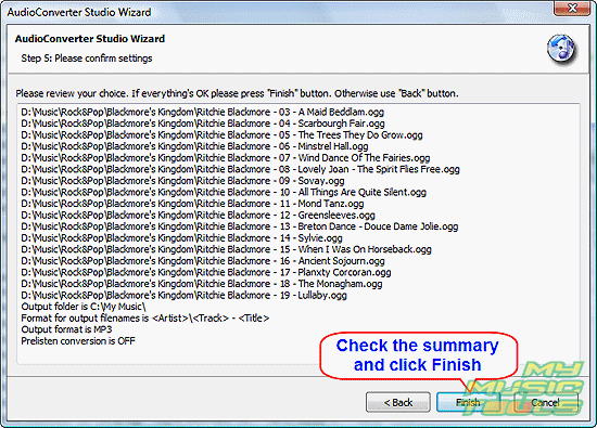 Check the summary and convert OGG to MP3