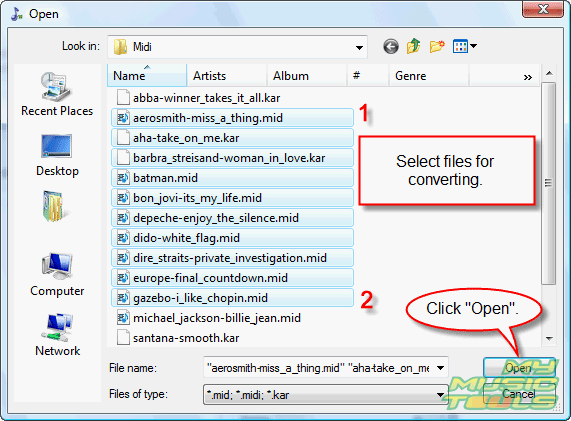 Browse to MIDI files, highlight them, click Open