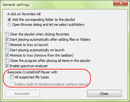 Associate the player with audio files and folders