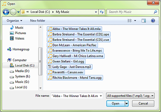 Select songs in any format