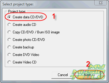 Choose to create data CD