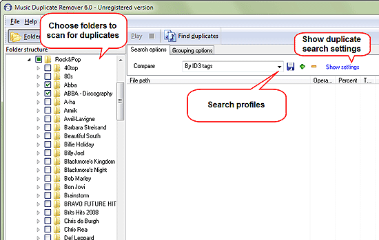 Select folders to search for duplicates