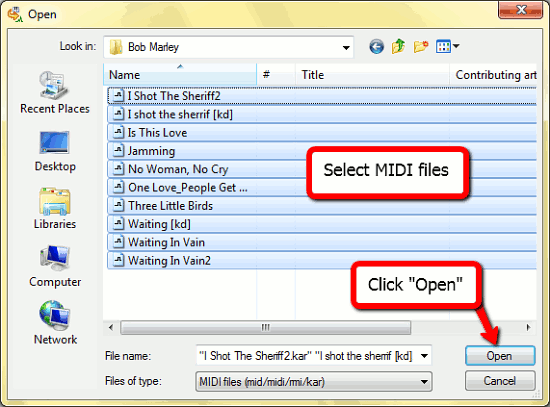Open MIDI files to convert
