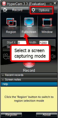 Select screen capturing mode
