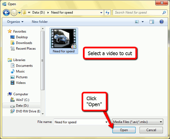 Open video file for editing