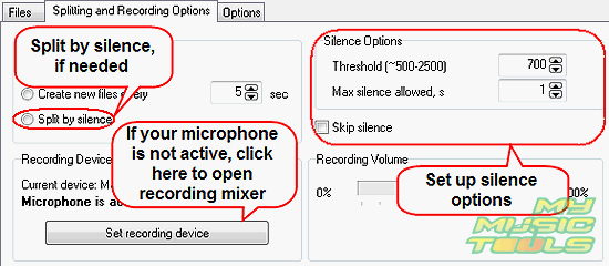 File splitting and silence detection options