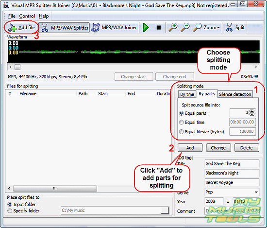 Mark parts of MP3 file for splitting