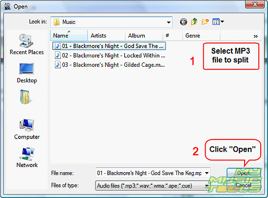 Open MP3 file to split