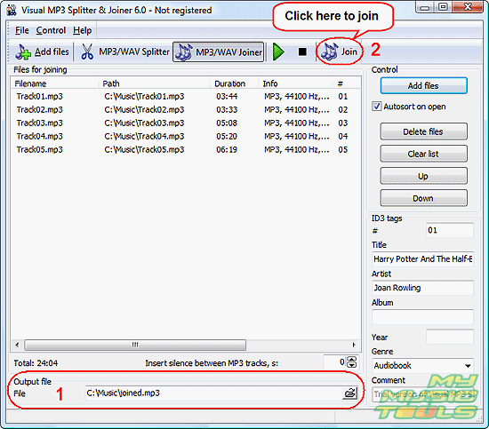 Set output folder and filename, join MP3 files